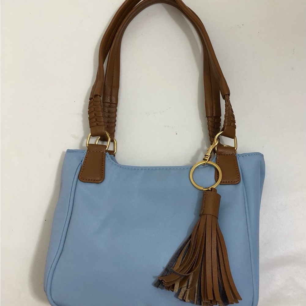 Blue and Tan Handbag with Tassel